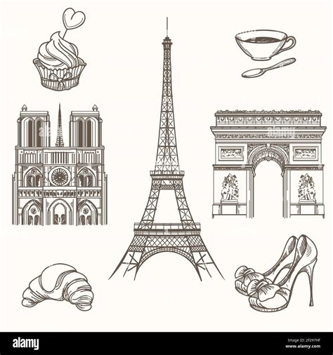 Hand Drawn Paris Symbols French Tourism And Tower Eiffel Notre Dame And Croissant Icons Hand