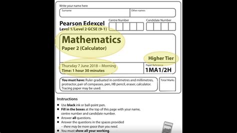 EDEXCEL GCSE Maths June 2018 Paper 2 Higher Calculator 2H YouTube