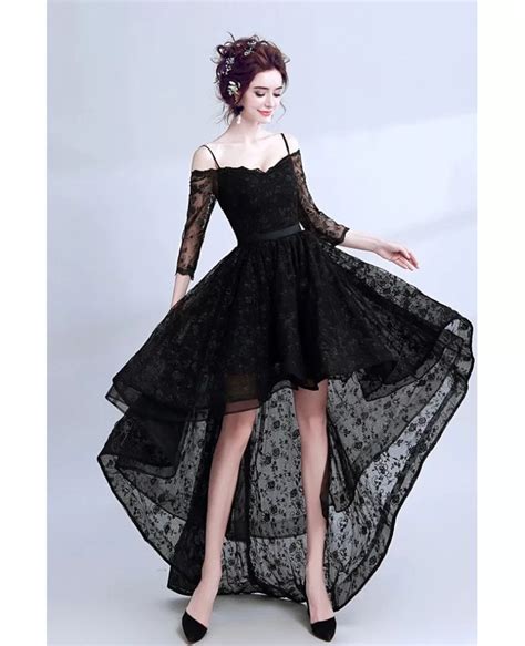 High Low Black Lace Prom Dress Sleeved With Spaghetti Straps Agp18190