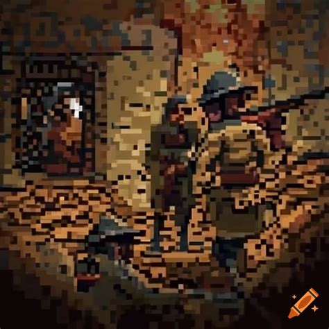 Pixel Art Of Soldiers In A Trench During Ww1