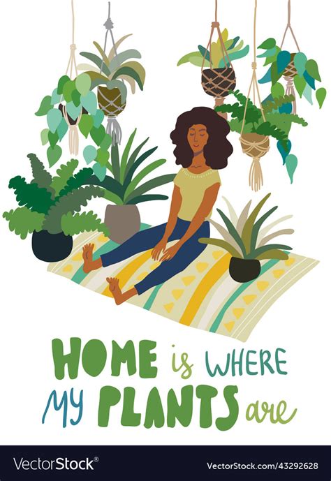 Woman Sitting Surrounded By Home Plants Royalty Free Vector