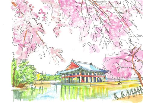 Original Drawing Print Korean Architecture Print Cherry | Etsy