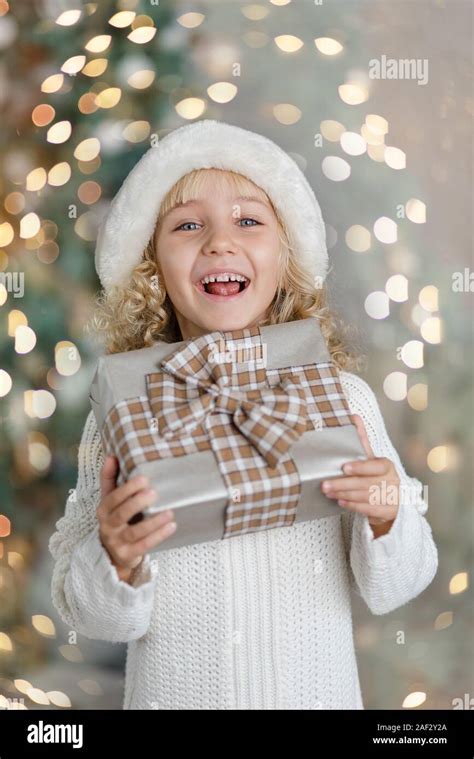 Happy Excited Girl Child Holding Christmas T Box Child Giving A