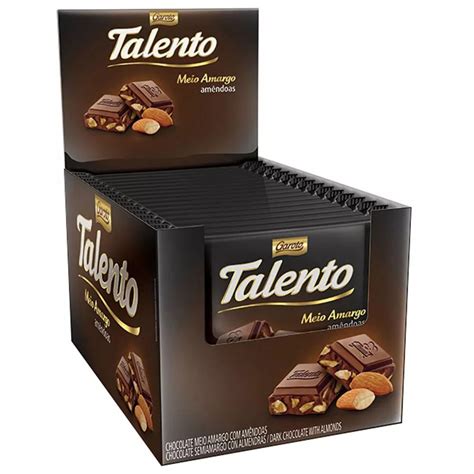 Chocolate Meio Amargo Tablete Talento Preto Amêndoas 90gr C12un