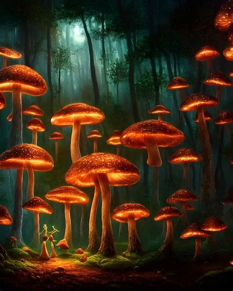 Un Bosque Encantado En La Noche Iluminado Por Setas Brillantes Fantas A