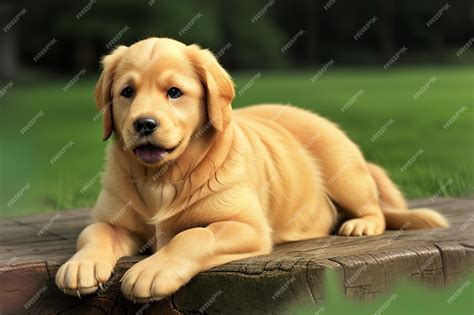 Premium AI Image | A golden retriever puppy laying on a tree stump