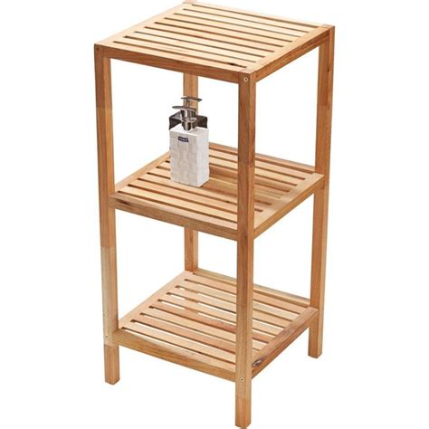 A Wooden Shelf With A Soap Dispenser On The Top And Two Shelves Below It