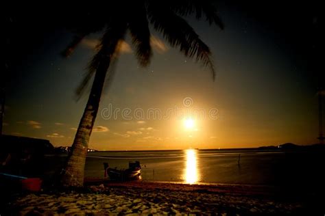 Nightscape Moon at a Tropical Beach in Thailand Stock Image - Image of enjoy, palm: 150292463