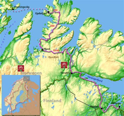 Radweg durch Norwegen von Honningsvåg am Nordkap nach Kirkenes an der