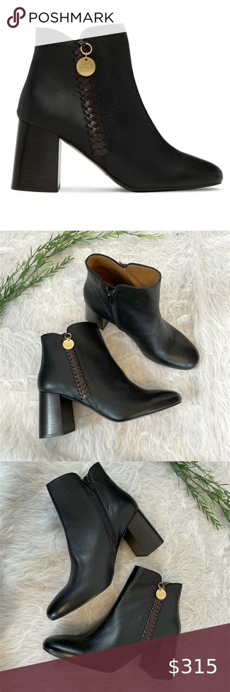 See By Chloe Louise Black Leather Ankle Block Heel Boot