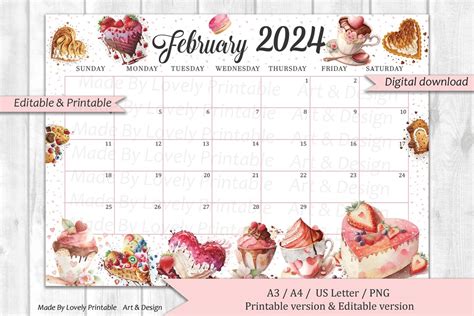 EDITABLE February 2024 Calendar Happy Valentine With Sweet Etsy