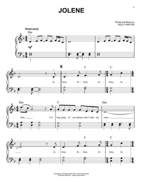 Jolene By Dolly Parton Sheet Music For Very Easy Piano At Sheet Music