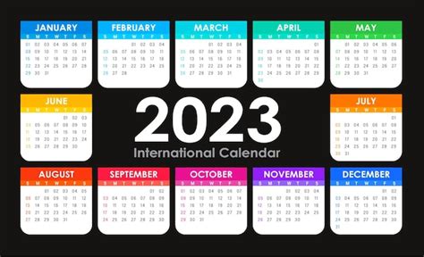 Vetor De Calendário 2023 Versão Internacional Em Inglês Colorido Vetor Premium