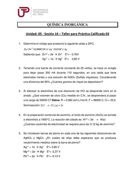 Problemas Pc Qu Mica Inorg Nica Unidad Sesi N Taller