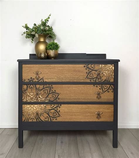 Chest Of Drawers Painted In Dark Grey With Mandala Stencil With Gold