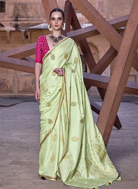 Buy Pista Green Pure Satin Traditional Wear Weaving Saree Online From