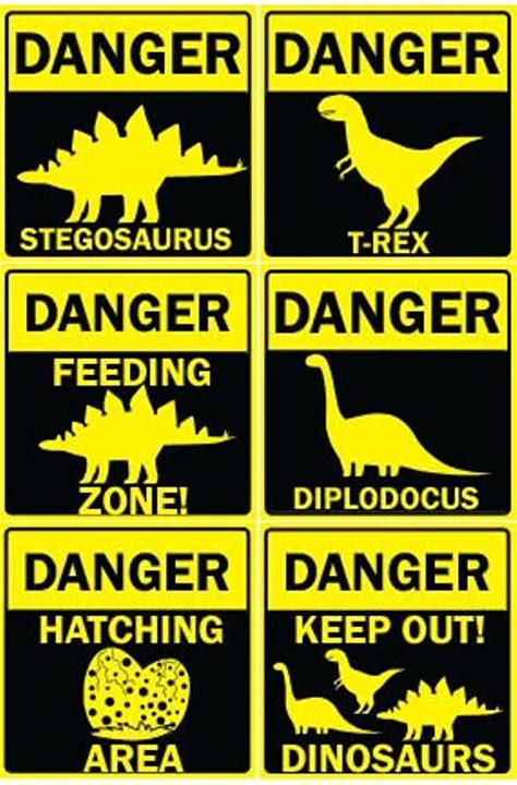 Partyrama Co Uk Danger Dinosaurs Pvc Party Sign Decorations 20cm X 20cm Pack Of 6 Dinosaur