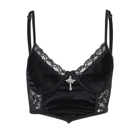 Insgoth Vintage Sexy Black Camis Goth Aesthetic Cross Lace Camisole