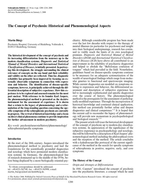 The Concept Of Psychosis Historical And Phenomenological Aspects Pdf Psychosis