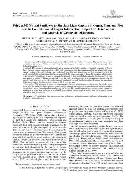 (PDF) Using a 3-D Virtual Sunflower to Simulate Light Capture at Organ, Plant and Plot Levels ...