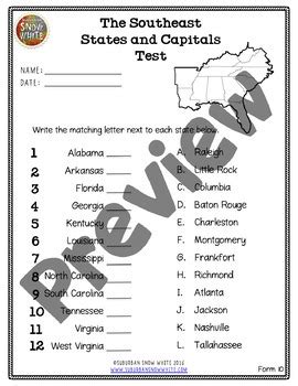 Southeast Region Map Test Quiz - United States Capitals + Abbreviations