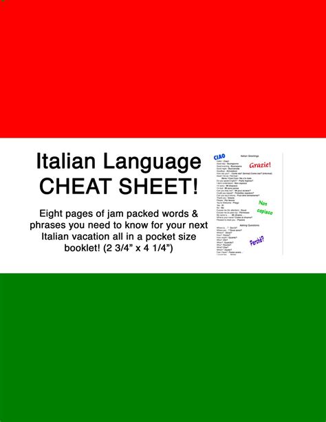 Italian Language Cheat Sheet Pocket Size Travel Guide Vacation Quick