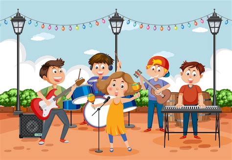 Banda de música para niños tocando instrumentos musicales Vector Premium