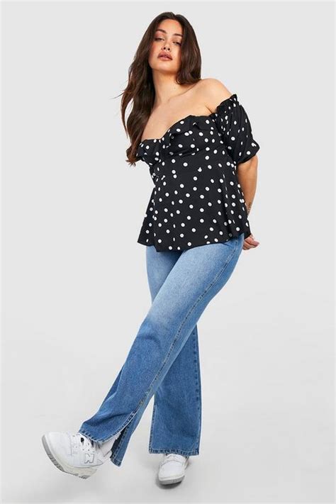 Plus Woven Spot Bardot Peplum Top Boohoo Uk