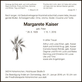 Traueranzeigen Von Margarete Kaiser Trauer HNA De