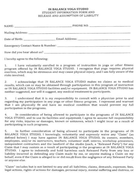 Yoga Liability Waiver Form Legal Standards And Guidelines With 30