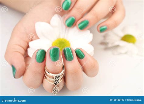 Nail Art Concept Beautiful Female Hands With Manicure Holding Flower