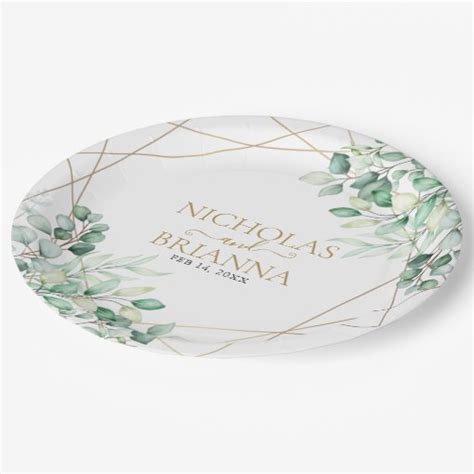 Elegant Greenery Eucalyptus Gold Geometric Wedding Paper Plates Zazzle