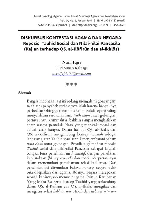 Pdf Diskursus Kontestasi Agama Dan Negara Reposisi Tauhid Sosial Dan