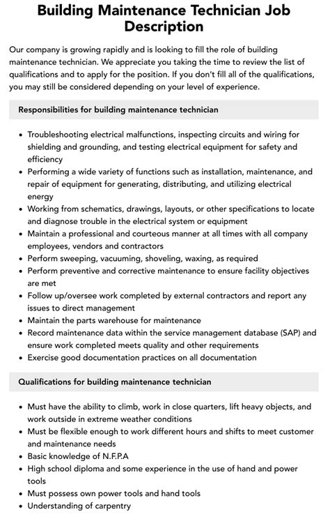 Building Maintenance Technician Job Description Velvet Jobs