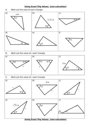 Sine rule , cosine rule including exact trig values for non-calculator | Teaching Resources