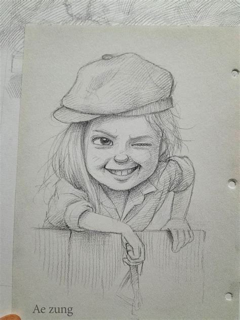 A Pencil Drawing Of A Smiling Girl With A Hat On Her Head Leaning Over