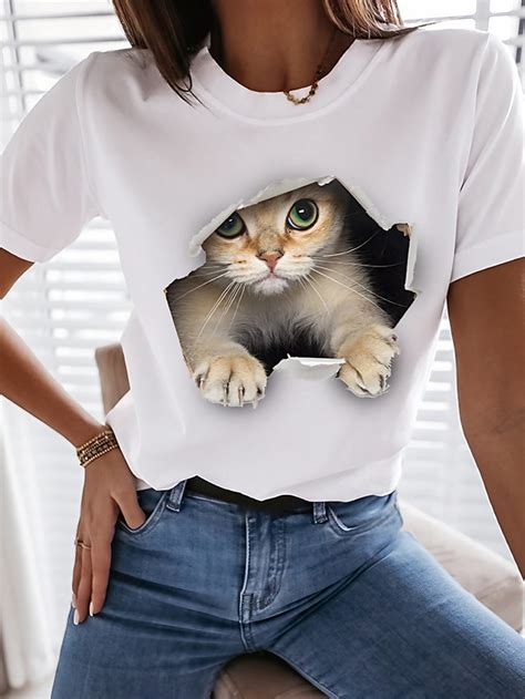 Damen 3D Cat T Shirt Katze Grafik 3D Druck Rundhalsausschnitt