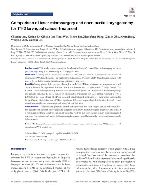 Pdf Comparison Of Laser Microsurgery And Open Partial Laryngectomy For T1 2 Laryngeal Cancer