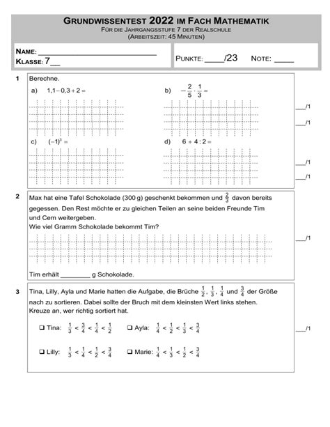 Grundwissenstest Realschule Mathematik 07 2022 Aufgaben