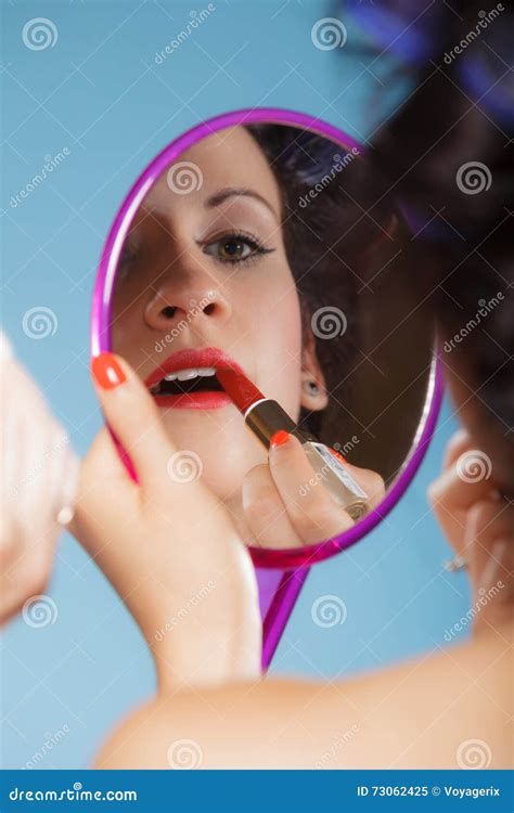 Woman Applying Red Lipstick Stock Image Image Of Mouth Apply 73062425