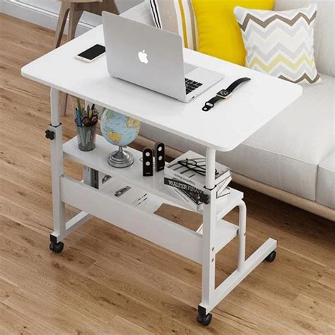 Mesa Para Notebook Altura Ajustavel Home Office Cama Rodinhas E 2 Prateleiras Multiuso Branca