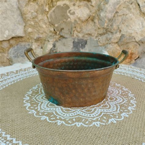 Antique Copper Bowl With Handles Vintage Small Copper Vessel Old