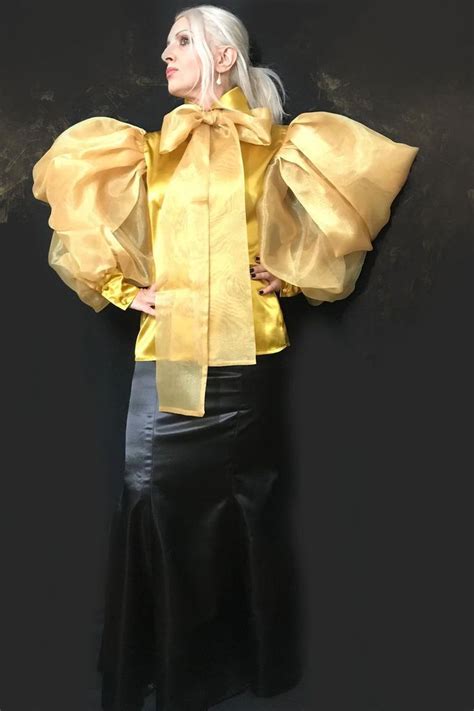 Balloon Sleeve Satin Organza Bow Shirt In Antique Color Etsy Blusas