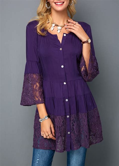 Lace Patchwork Flare Sleeve Deep Purple Blouse Usd 29