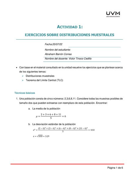 A1 ABC ACTIVIDAD 1 EJERCICIOS SOBRE DISTRIBUCIONES MUESTRALES