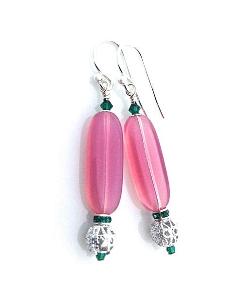 Pink Earrings Long Dangle Pink Glass Pink And Green Jewel Etsy