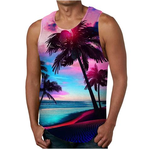 Vsssj Mens Tank Tops Comfy Vacation Sleeveless Beach Sunset Palm Tree