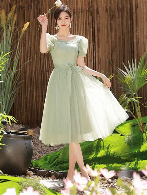 Green Short Sleeve Boho Wedding Guest Bridesmaid Midi Dress Midi