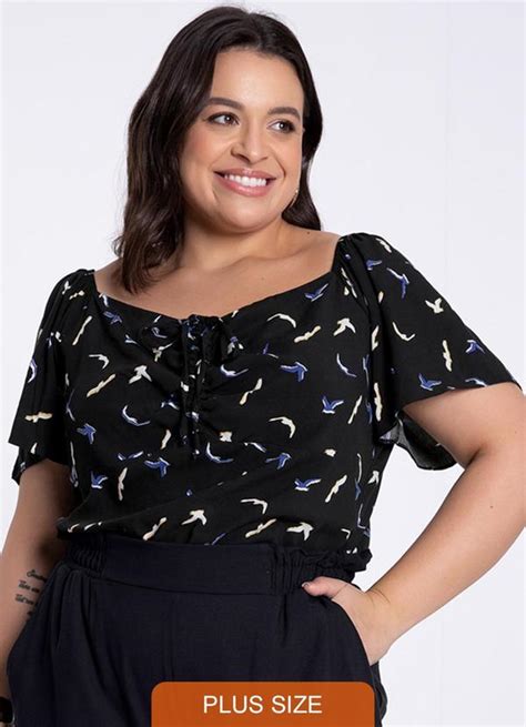 Blusa Plus Size Estampada Amarra O Preto Lunender Mais Mulher