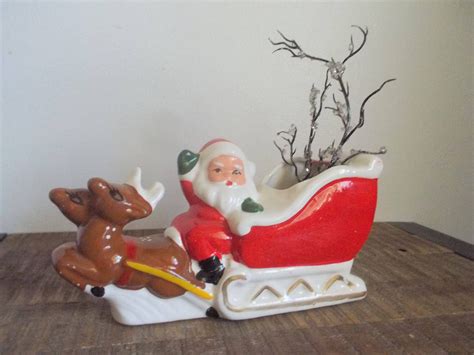 Vintage Ceramic Santas Sleigh And Reindeer Holiday Etsy Holiday Planter Santa Sleigh